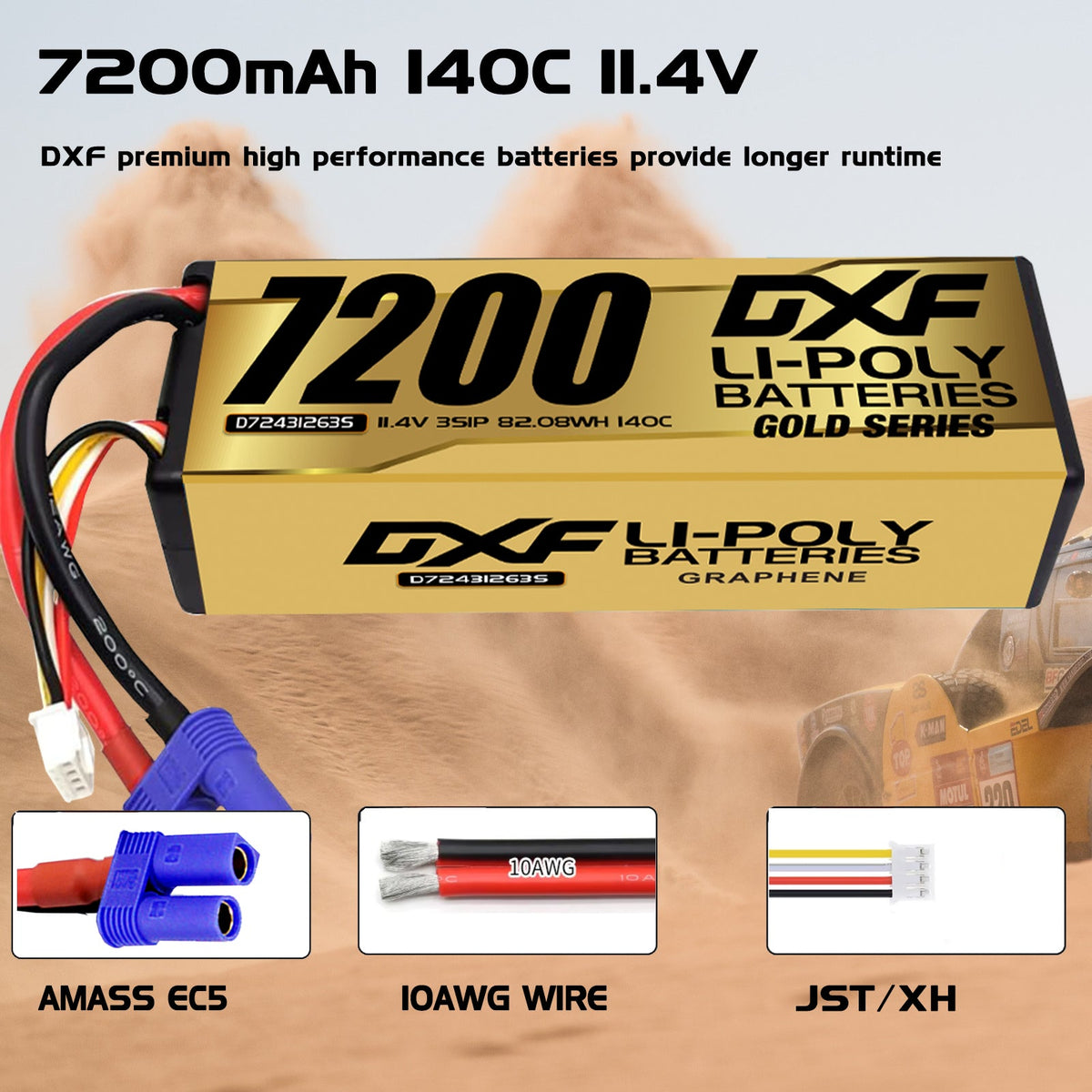 DXF LiPo Battery 3S HV 11.4V 7200mAh 140C Graphene Hardcase Gold with EC5 / T / TRX / XT60 / XT90 / XT150 / Q8s Plug for RC 1/8 1/10 Buggy Truck Car Off-Road Drone