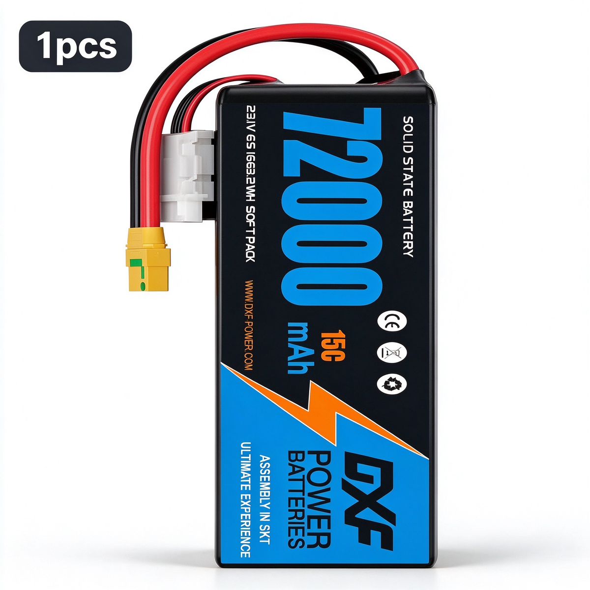 DXF 6S 23.1V 72000mAh 15C Soft Case LiPo Battery with 8AWG Wire for Toy Cars, Boats, UAVs & Drones (1-6 Pack)