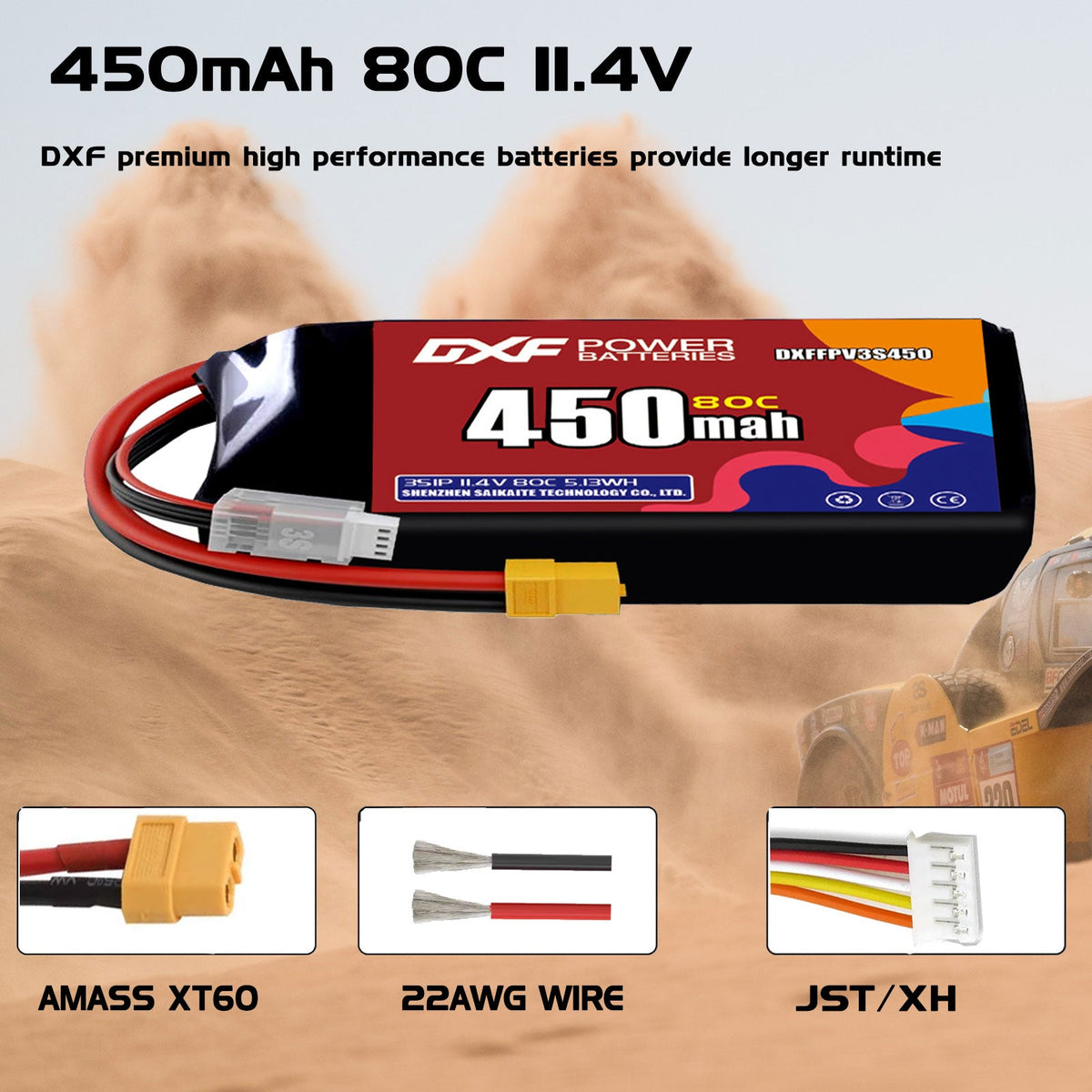 DXF LiPo Battery 3S HV 11.4V 450mAh 80C with PH2.0 / JST / XT30 / SM / XT60 / EC5 / XT90 for FPV Drone Whoop Micro Racing
