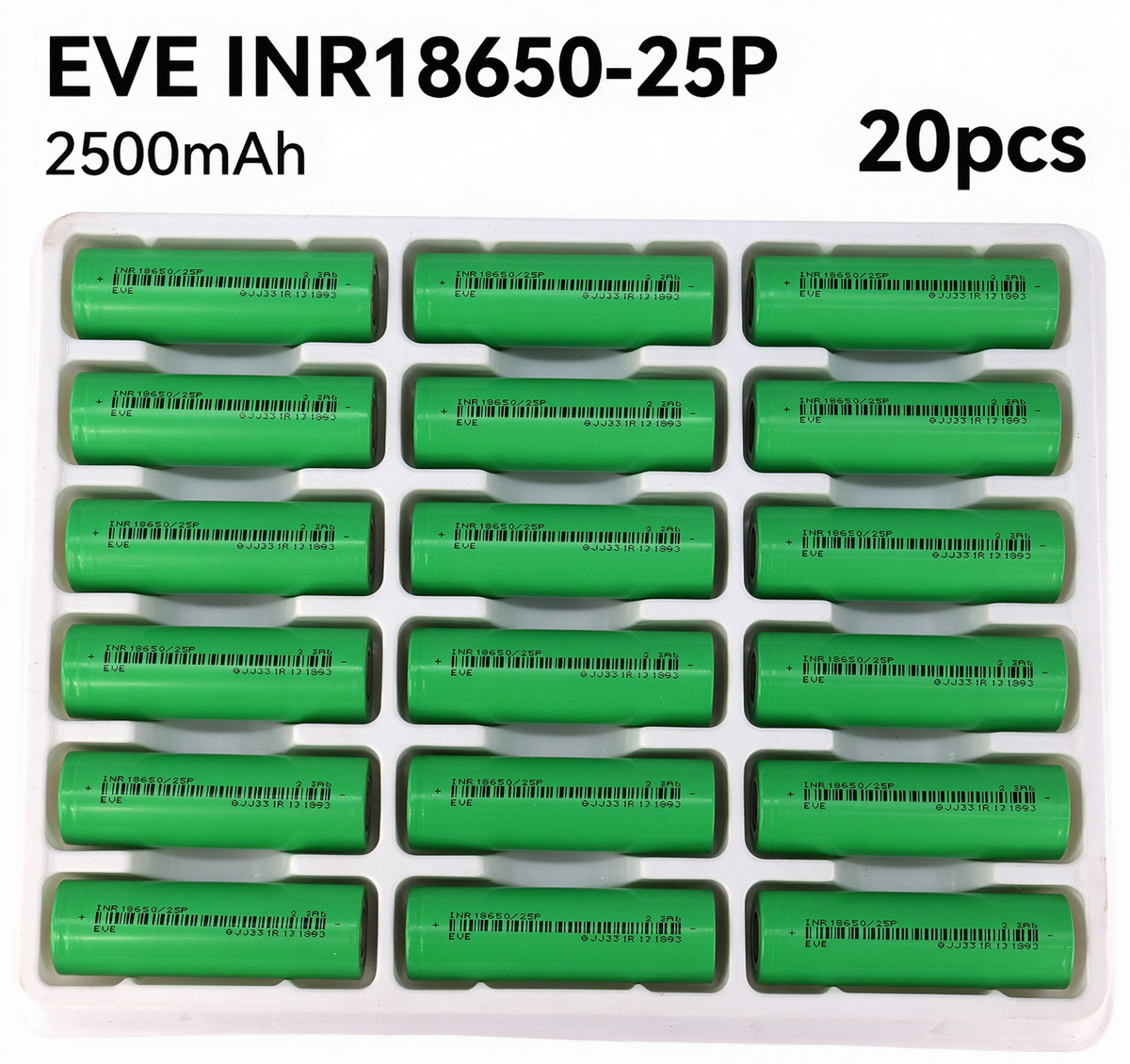EVE INR18650-25P 2500mAh 20A Li-ion Battery for Power Tools, E-Bikes & DIY Battery Packs (1-100 PCS)