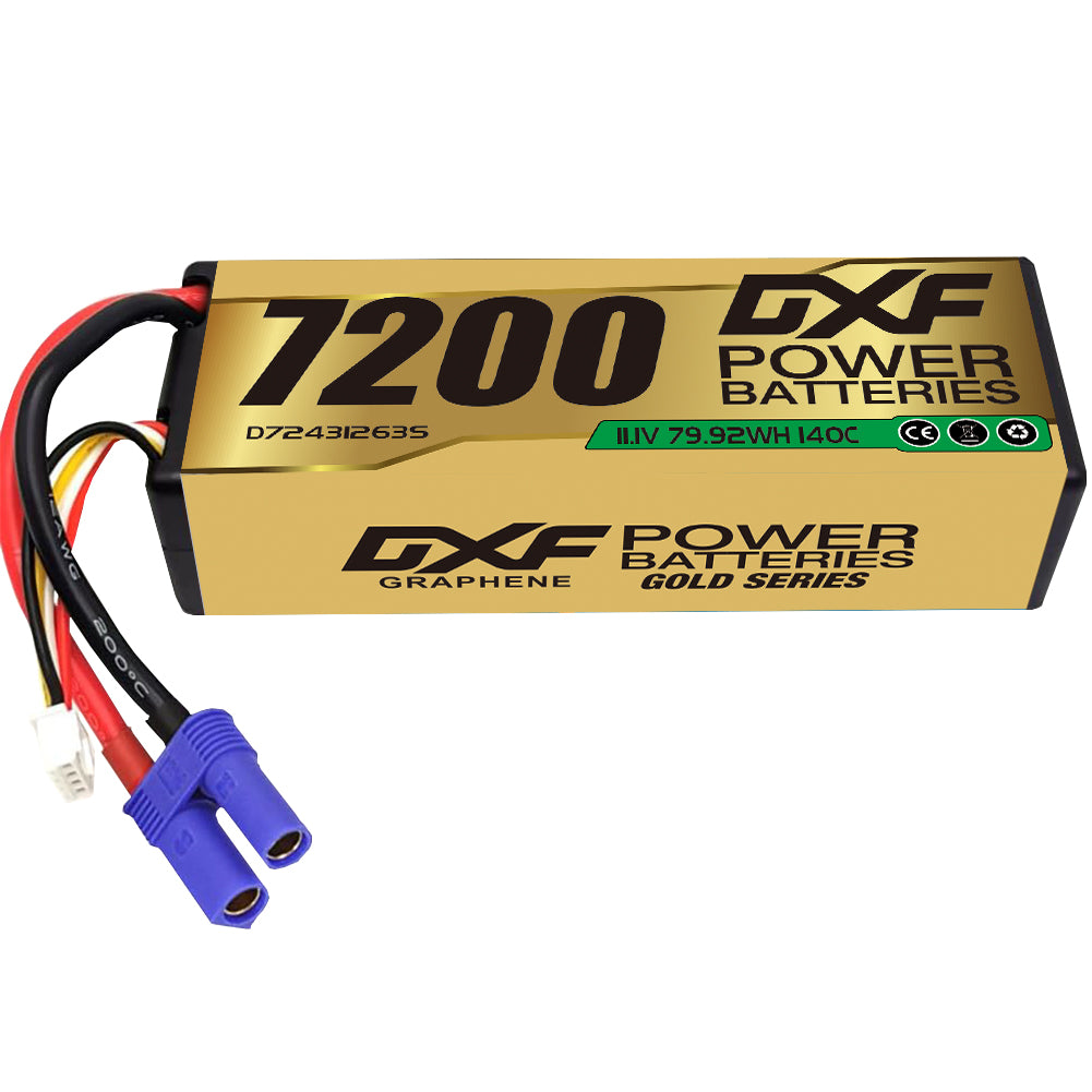 DXF LiPo Battery 3S 11.1V 7200mAh 140C Graphene Hardcase Gold with EC5 / T / TRX / XT60 / XT90 / XT150 / Q8s Plug for RC 1/8 1/10 Buggy Truck Car Off-Road Drone