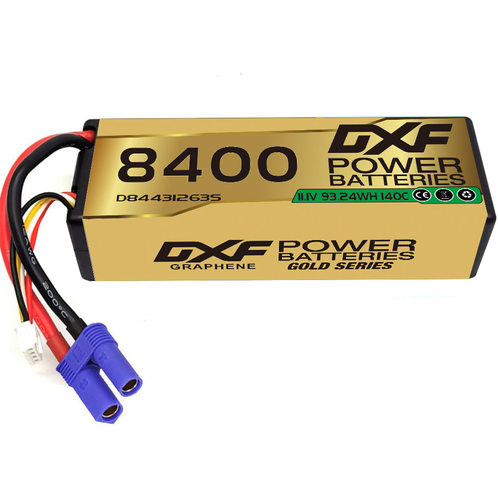 DXF LiPo Battery 3S 11.1V 8400mAh 140C Graphene Hardcase Gold with EC5 / T / TRX / XT60 / XT90 / XT150 / Q8s Plug for RC 1/8 1/10 Buggy Truck Car Off-Road Drone