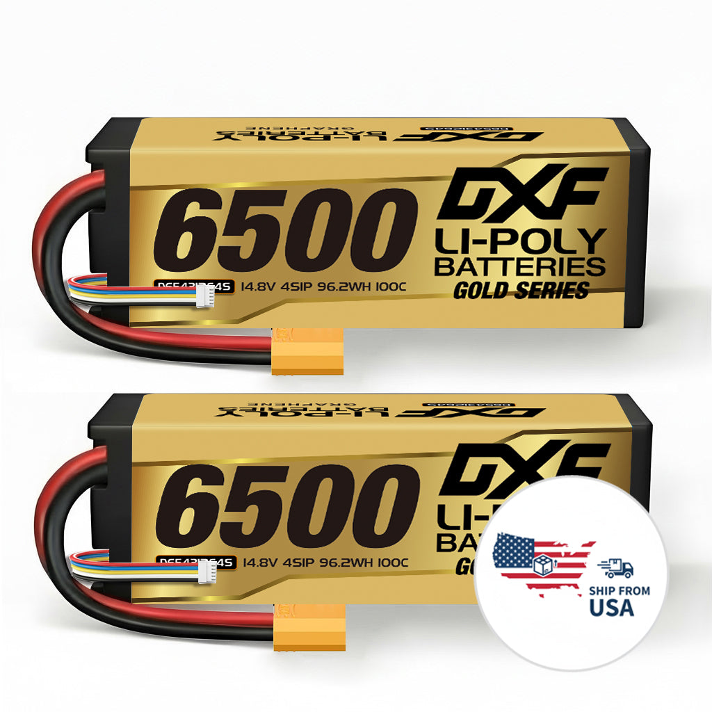 DXF Gold Series 4S 14.8V 6500mAh 100C Graphene Hardcase LiPo Battery with XT90 & 10AWG Wire (1-6 Pack)