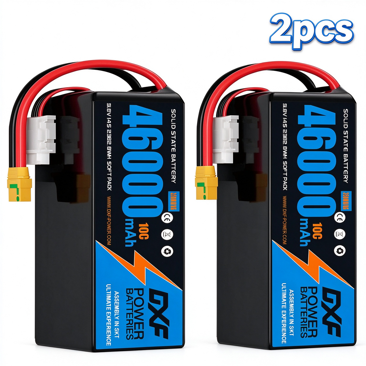 DXF SEMI-SOLID 14S 51.8V 46000mAh 10C Soft Case LiPo Battery with 8AWG Wire for Toy Cars, Boats, UAVs & Drones (1-6 Pack)