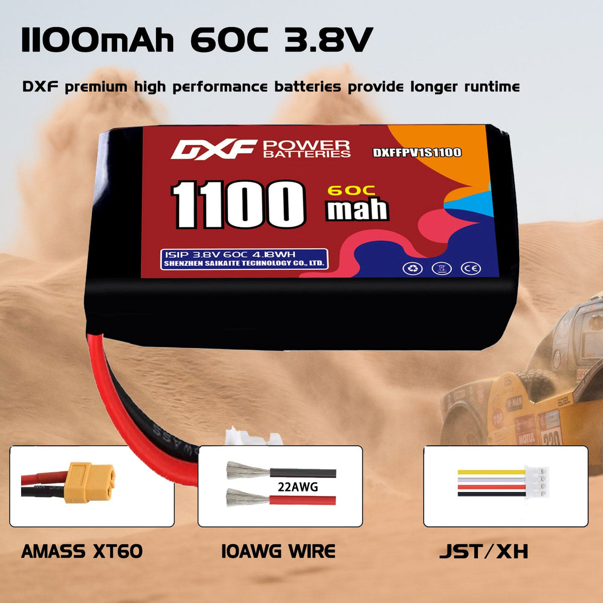 DXF LiPo Battery 1S HV 3.8V 1100mAh 60C with PH2.0 / JST / XT30 / SM / XT60 / EC5 / XT90 for FPV Drone Whoop Micro Racing