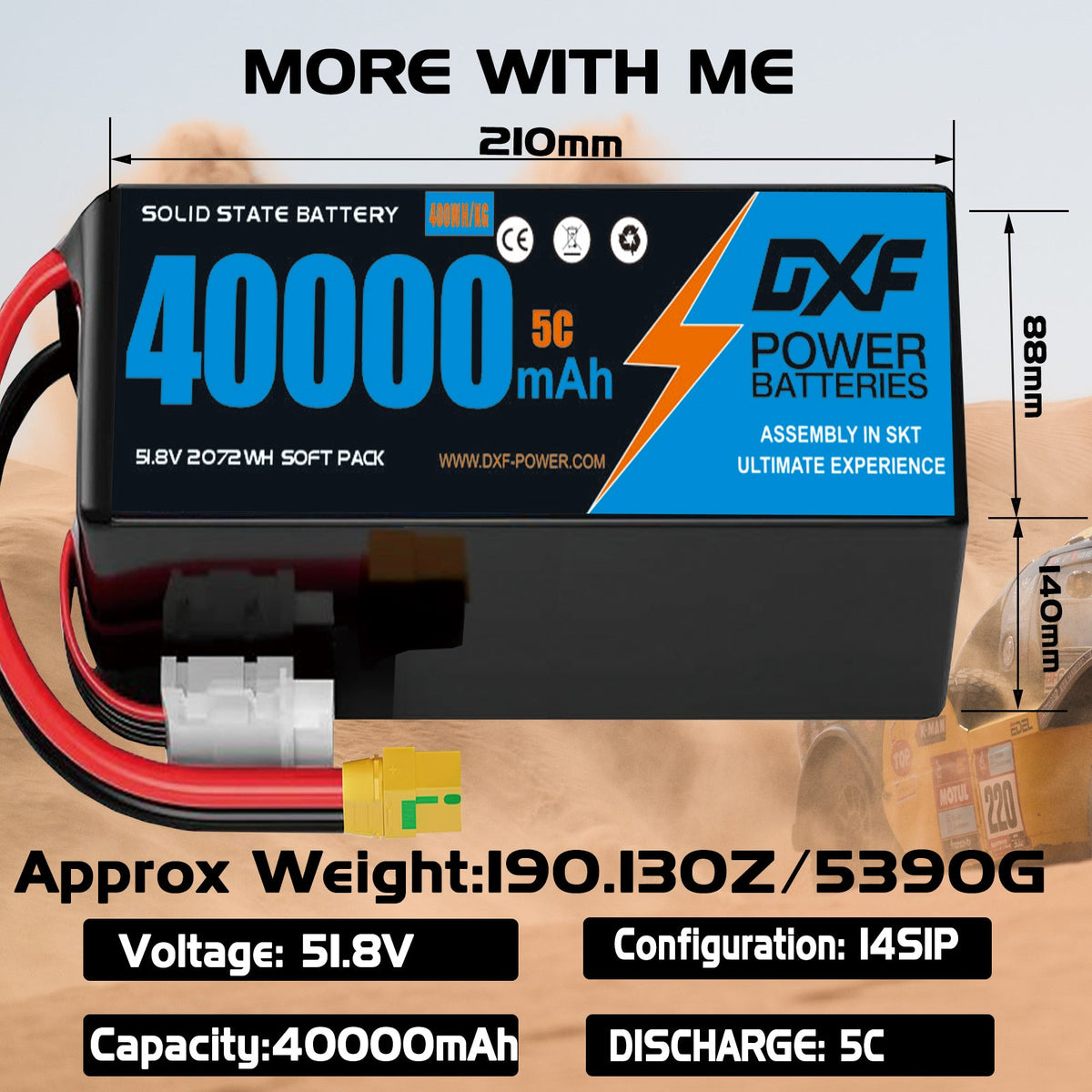 DXF SEMI-SOLID 14S 51.8V 40000mAh 5C Soft Case LiPo Battery with 8AWG Wire for Toy Cars, Boats, UAVs & Drones (1-6 Pack)
