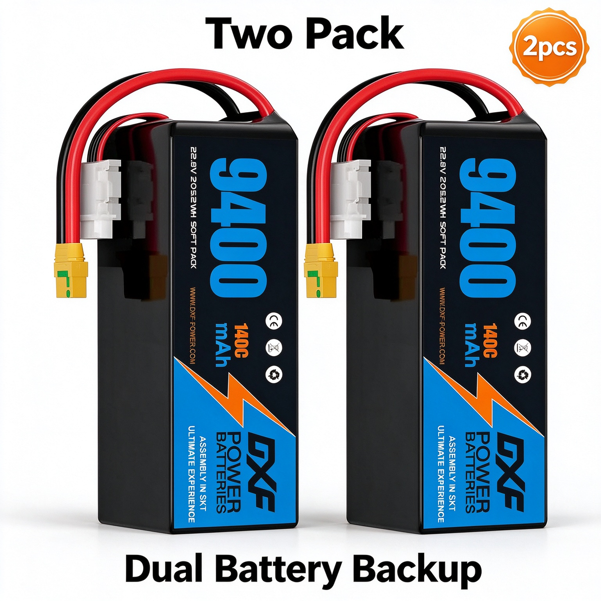 DXF 6S 22.8V 9400mAh 100C Soft Case LiPo Battery with 10AWG Wire for Toy Cars, Boats, UAVs & Drones (1-6 Pack)