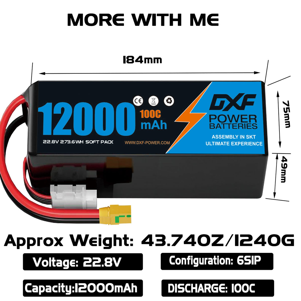 DXF LiPo Battery 6S HV 22.8V 12000mAh 100C Graphene Softcase Blue with EC5 / T / TRX / XT60 / XT90 / XT150 / Q8s Plug for RC 1/8 1/10 Buggy Truck Car Off-Road Drone