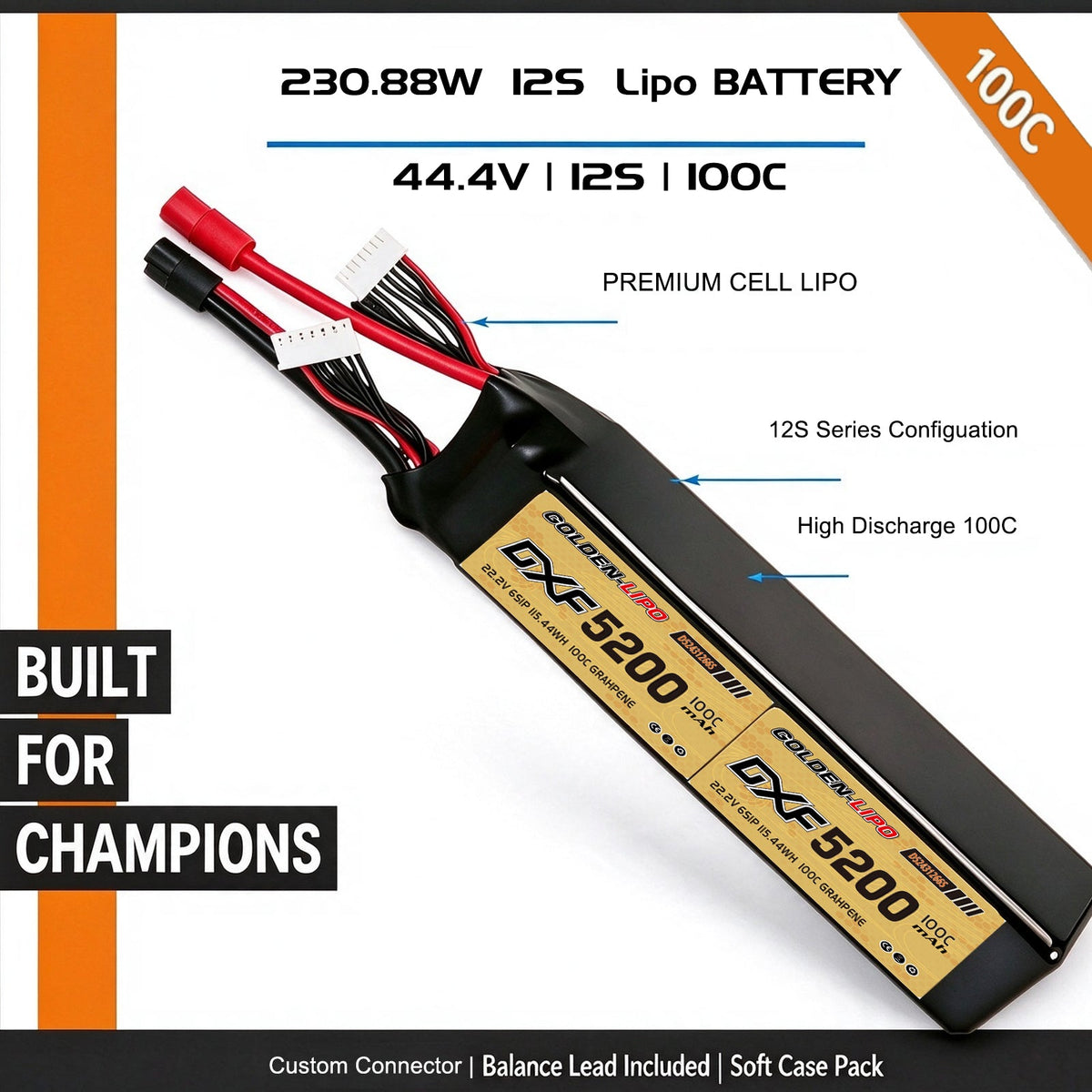 DXF Lipo Battery 12S 44.4V 5200mAh 100C GoldSeries Graphene Softcase with EC5 / T / TRX / XT60 / XT90 / XT150 / Q8s Plug for RC 1/8 1/10 Buggy Truck Car Off-Road Drone
