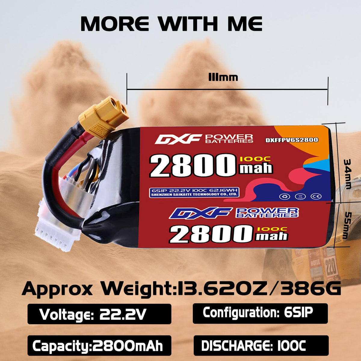 DXF 6S 22.2V 2800mAh 100C LiPo Battery for FPV Micro Drones (PH2.0 / JST / XT30 / SM / XT60 / EC5 / XT90 Options)