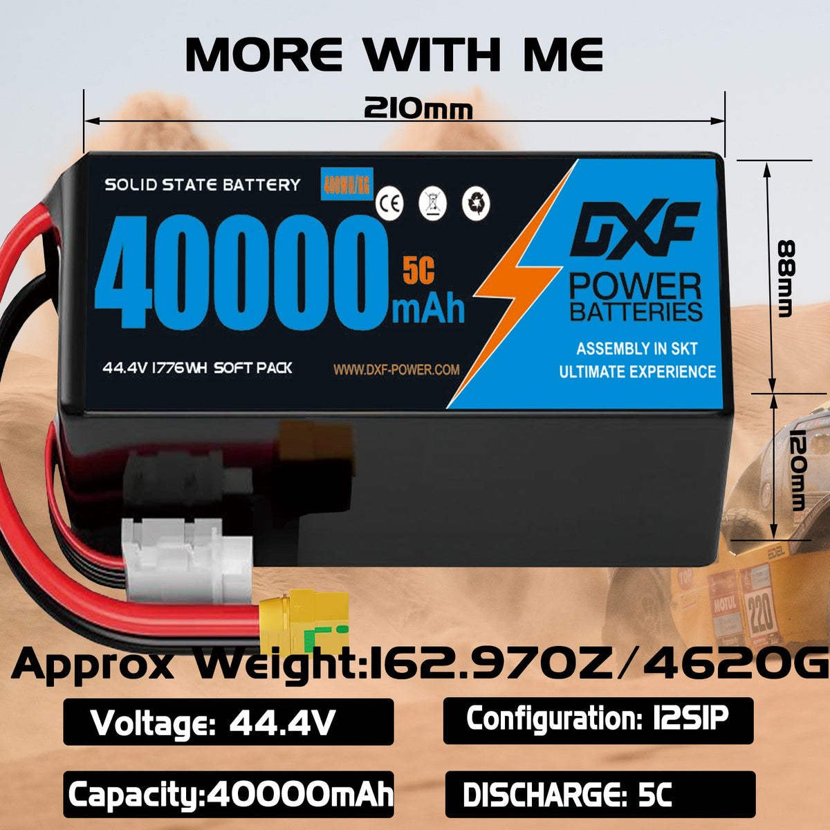 DXF SEMI-SOLID 12S 44.4V 40000mAh 5C Soft Case LiPo Battery with 8AWG Wire for Toy Cars, Boats, UAVs & Drones (1-6 Pack)