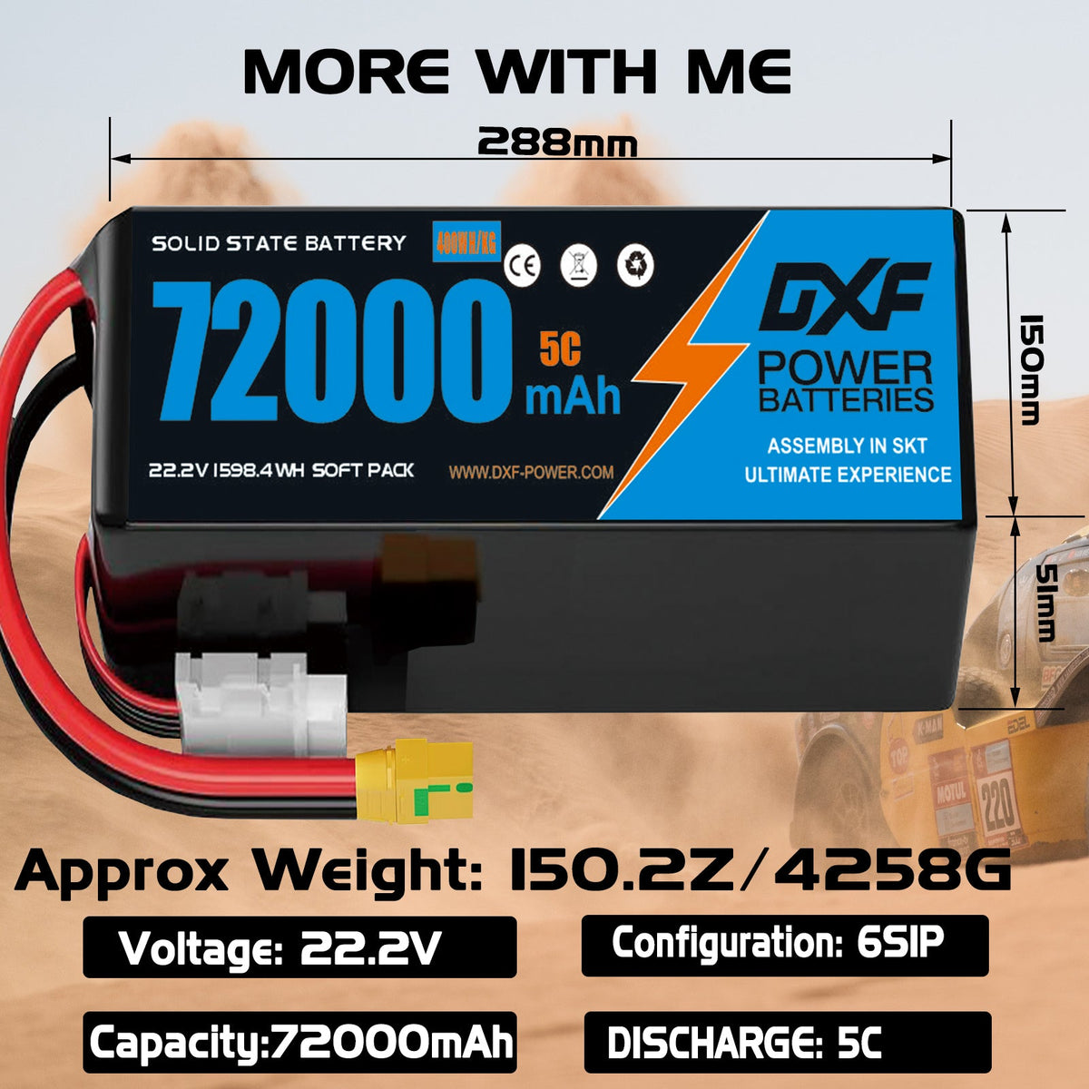 DXF 6S 22.2V 72000mAh 5C Soft Case LiPo Battery with 8AWG Wire for Toy Cars, Boats, UAVs & Drones (1-6 Pack)