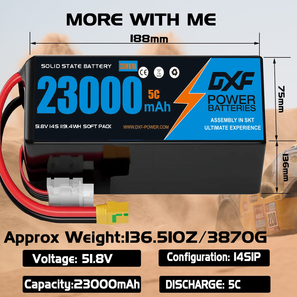 DXF SEMI-SOLID 14S 51.8V 23000mAh 5C Soft Case LiPo Battery with 8AWG Wire for UAVs & Drones (1-6 Pack)