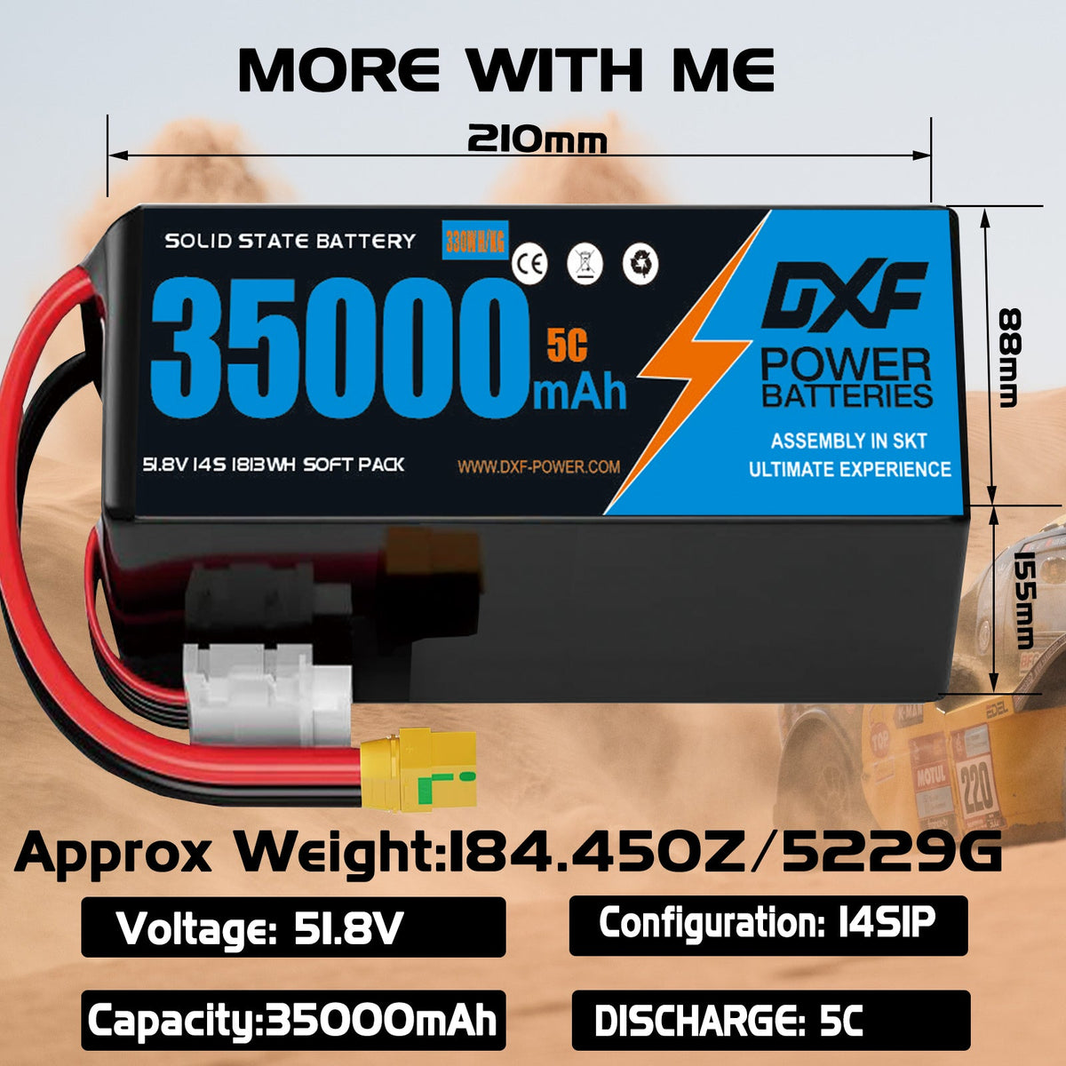 DXF SEMI-SOLID 14S 51.8V 35000mAh 5C Soft Case LiPo Battery with 8AWG Wire for UAVs & Drones (1-6 Pack)