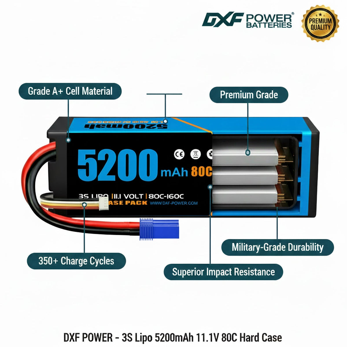 DXF 3S 11.1V 5200mAh 80C Hardcase LiPo Battery with EC5 & 10AWG Wire for Toy Cars, RC Boats, Aircraft Models & FPV Drones (1-6 Pack)