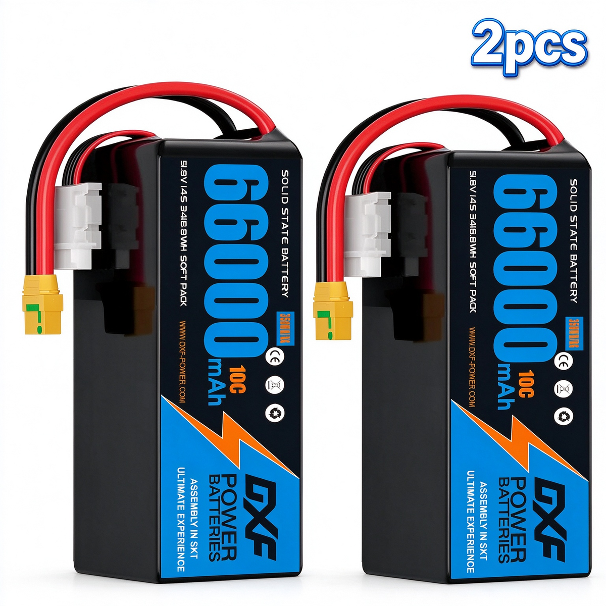 DXF SEMI-SOLID 14S 51.8V 66000mAh 10C Soft Case LiPo Battery with 8AWG Wire for Toy Cars, Boats, UAVs & Drones (1-6 Pack)