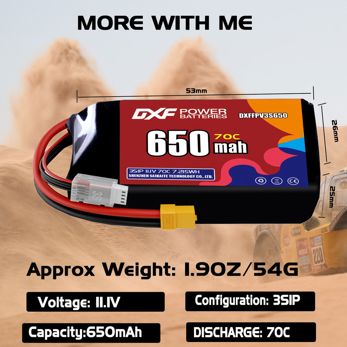 DXF LiPo Battery 3S 11.1V 650mAh 80C with PH2.0 / JST / XT30 / SM / XT60 / EC5 / XT90 for FPV Drone Whoop Micro Racing