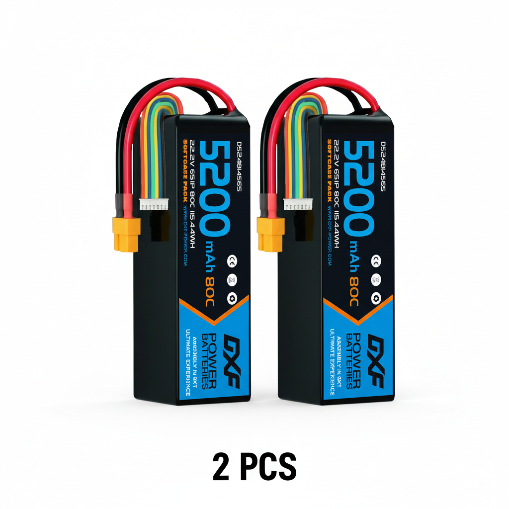 DXF 6S 22.2V 5200mAh 80C Softcase LiPo Battery with XT60 & 10AWG Wire for 1/8 RC Cars (1-6 Pack)