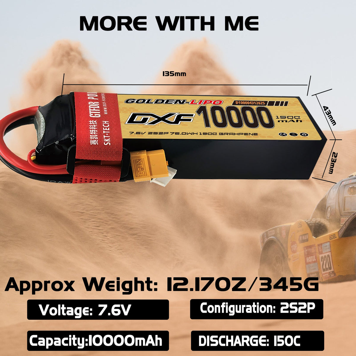 DXF Lipo Battery 2S HV 7.6V 10000mAh 150C GoldSeries Graphene Softcase with EC5 / T / TRX / XT60 / XT90 / XT150 / Q8s Plug for RC 1/8 1/10 Buggy Truck Car Off-Road Drone