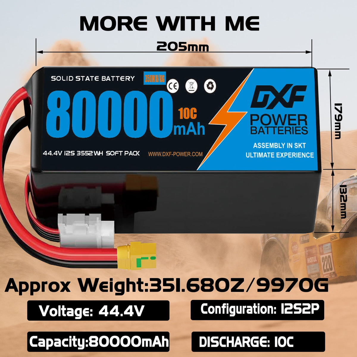 DXF SEMI-SOLID 12S 44.4V 80000mAh 10C Soft Case LiPo Battery with 8AWG Wire for Toy Cars, Boats, UAVs & Drones (1-6 Pack)
