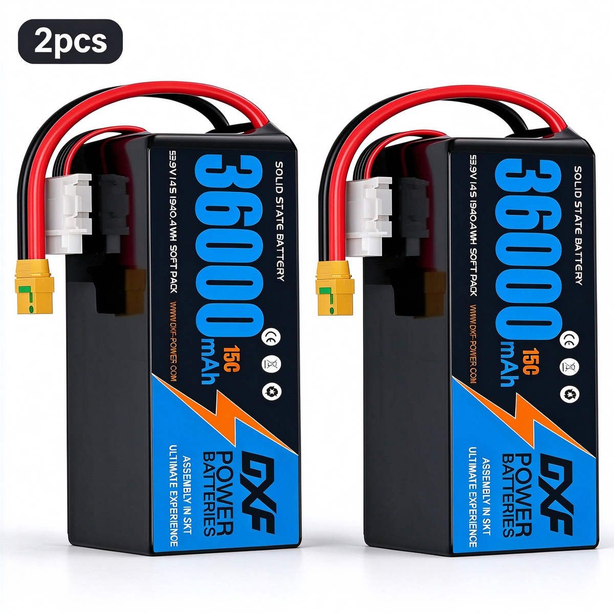 DXF SEMI-SOLID 14S 53.9V 36000mAh 15C Soft Case LiPo Battery with 8AWG Wire for Toy Cars, Boats, UAVs & Drones (1-6 Pack)