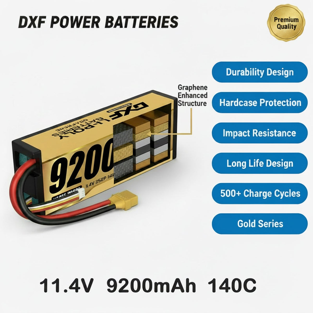 DXF LiPo Battery 3S HV 11.4V 9200mAh 140C Graphene Hardcase Gold with EC5 / T / TRX / XT60 / XT90 / XT150 / Q8s Plug for RC 1/8 1/10 Buggy Truck Car Off-Road Drone