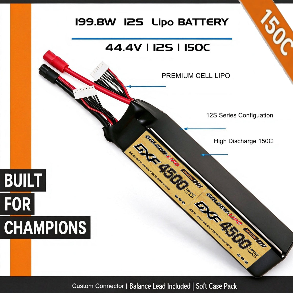 DXF Lipo Battery 12S 44.4V 4500mAh 150C GoldSeries Graphene Softcase with EC5 / T / TRX / XT60 / XT90 / XT150 / Q8s Plug for RC 1/8 1/10 Buggy Truck Car Off-Road Drone