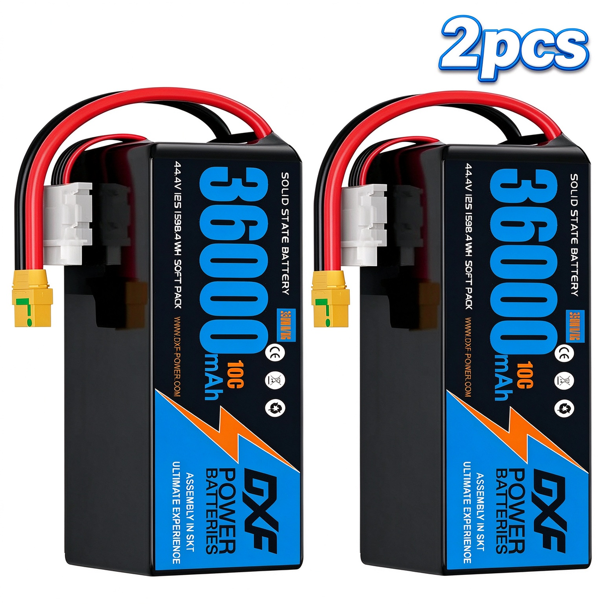 DXF SEMI-SOLID 12S 44.4V 36000mAh 10C Soft Case LiPo Battery with 8AWG Wire for Toy Cars, Boats, UAVs & Drones (1-6 Pack)