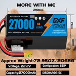DXF 6S 22.2V 27000mAh 5C Soft Case LiPo Battery with 8AWG Wire for Toy Cars, Boats, UAVs & Drones (1-6 Pack)