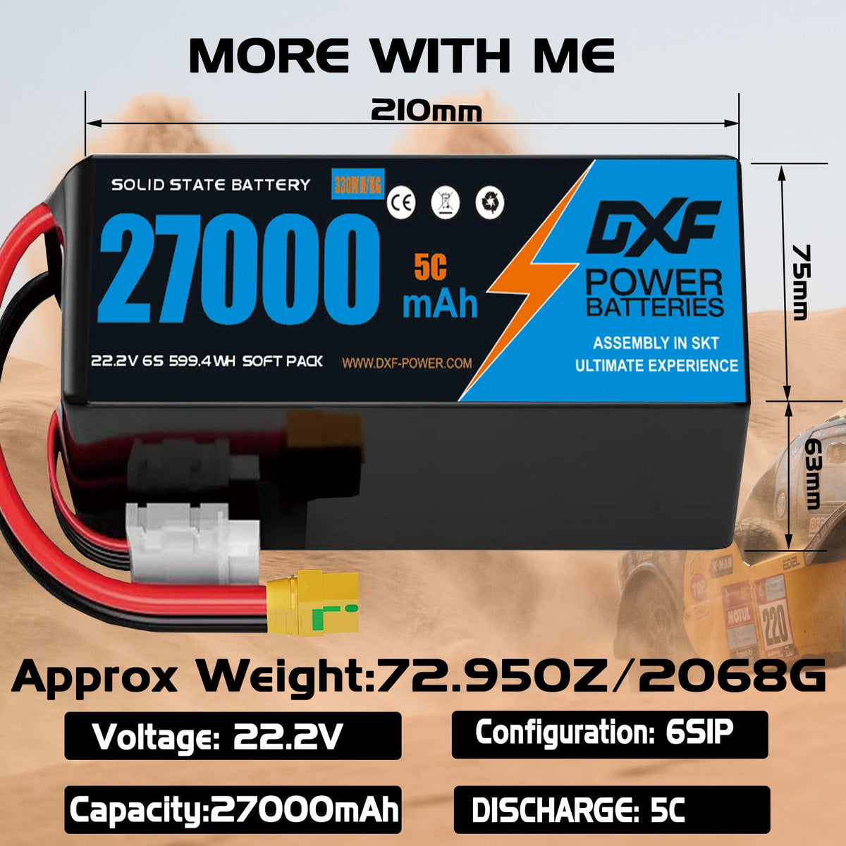 DXF 6S 22.2V 27000mAh 5C Soft Case LiPo Battery with 8AWG Wire for Toy Cars, Boats, UAVs & Drones (1-6 Pack)