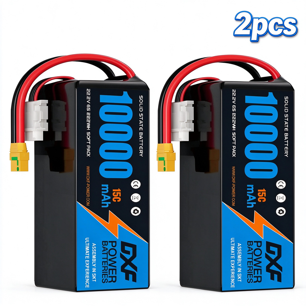 DXF 6S 22.2V 10000mAh 15C Soft Case LiPo Battery with 8AWG Wire for Toy Cars, Boats, UAVs & Drones (1-6 Pack)