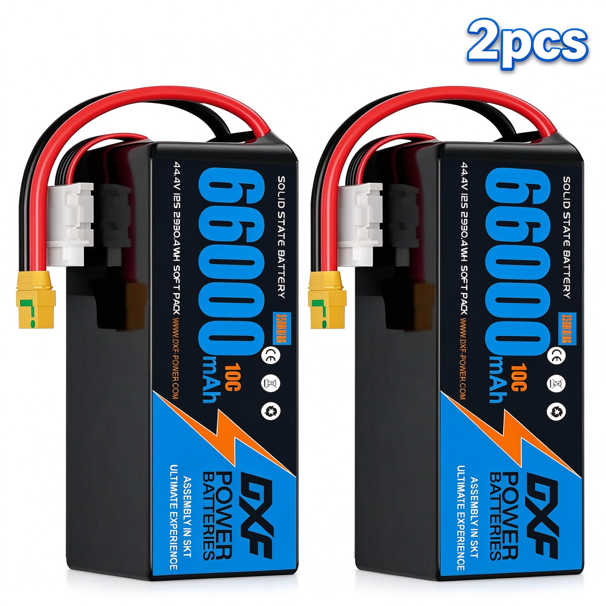 DXF SEMI-SOLID 12S 44.4V 66000mAh 10C Soft Case LiPo Battery with 8AWG Wire for Toy Cars, Boats, UAVs & Drones (1-6 Pack)