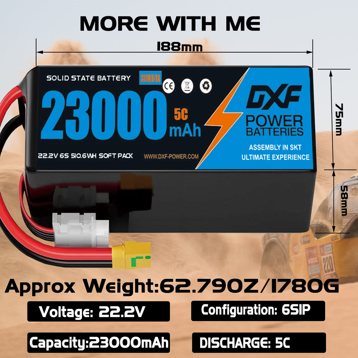 DXF SEMI-SOLID 6S 22.2V 23000mAh 5C Soft Case LiPo Battery with 8AWG Wire for Toy Cars, Toy Boats, UAVs & Drones (1-6 Pack)
