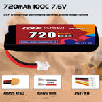 DXF 2S 7.6V 720mAh 100C LiPo Battery for FPV Micro Drones (PH2.0 / JST / XT30 / SM / XT60 / EC5 / XT90 Options)