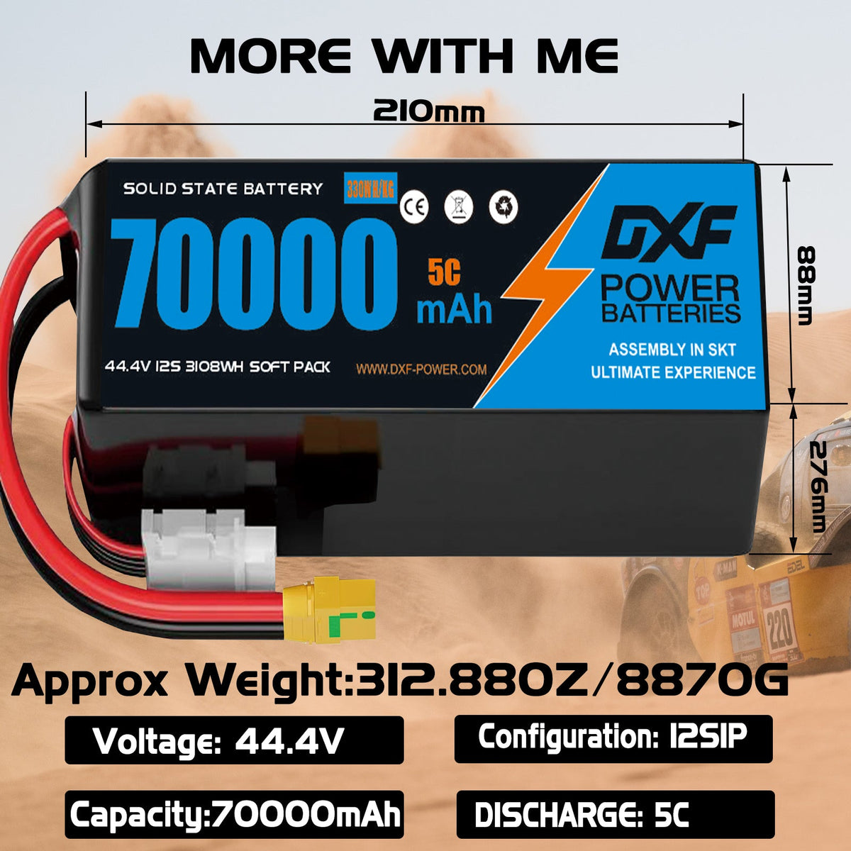 DXF SEMI-SOLID 12S 44.4V 70000mAh 5C Soft Case LiPo Battery with 8AWG Wire for UAVs & Drones (1-6 Pack)