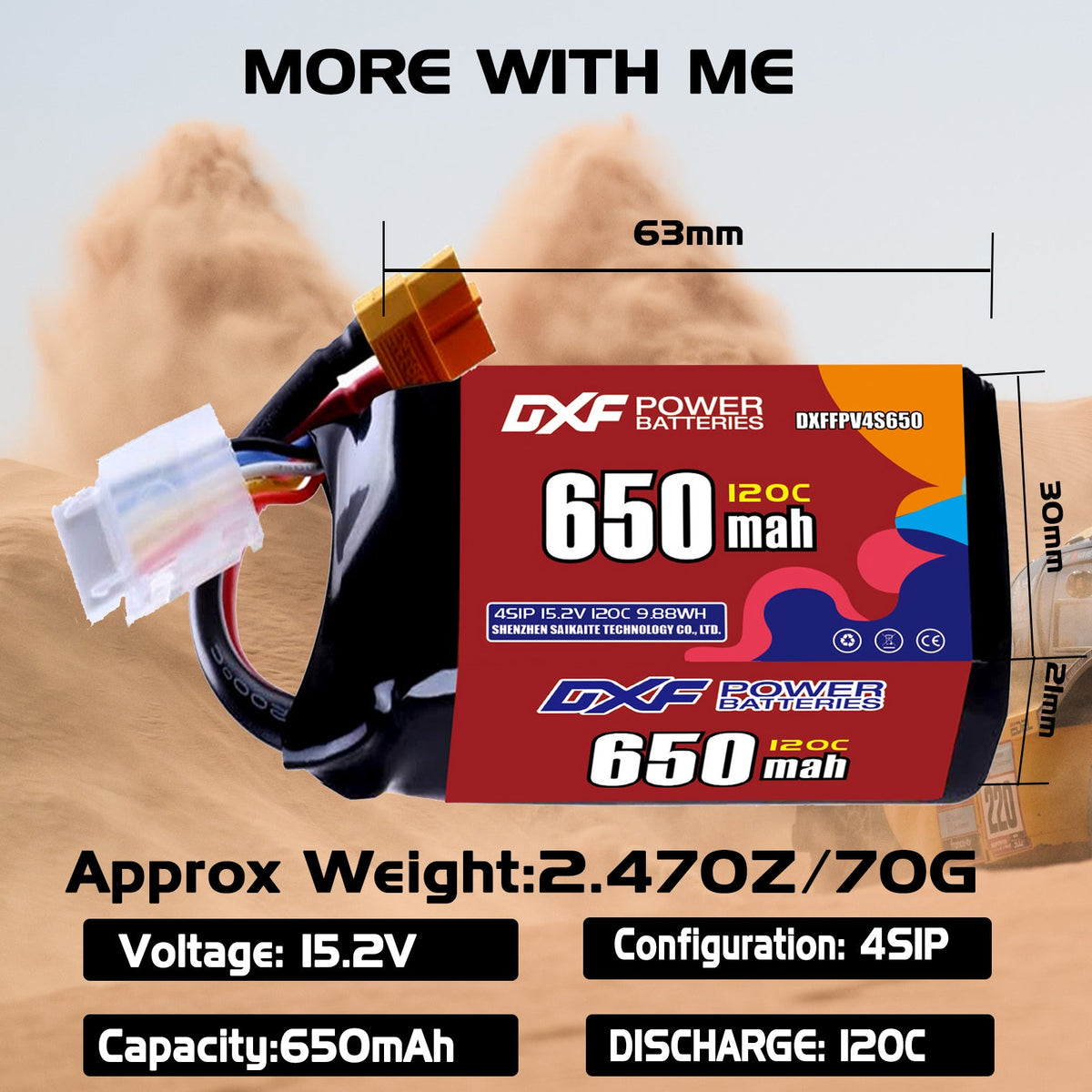 DXF 4S 15.2V 650mAh 120C LiPo Battery for FPV Micro Drones (PH2.0 / JST / XT30 / SM / XT60 / EC5 / XT90 Options)