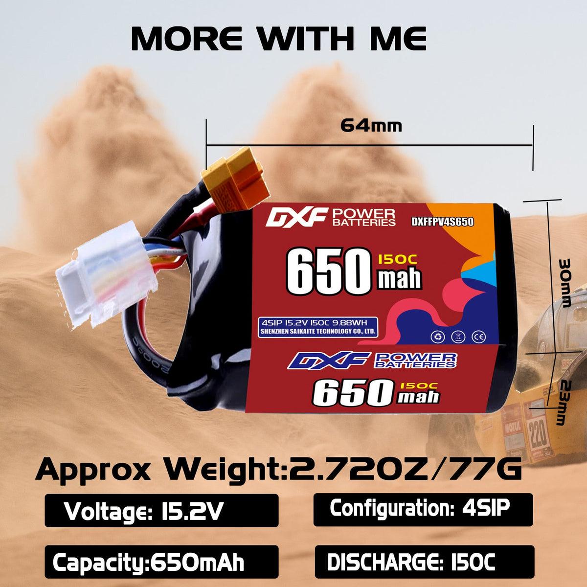 DXF 4S 15.2V 650mAh 150C LiPo Battery for FPV Micro Drones (PH2.0 / JST / XT30 / SM / XT60 / EC5 / XT90 Options)