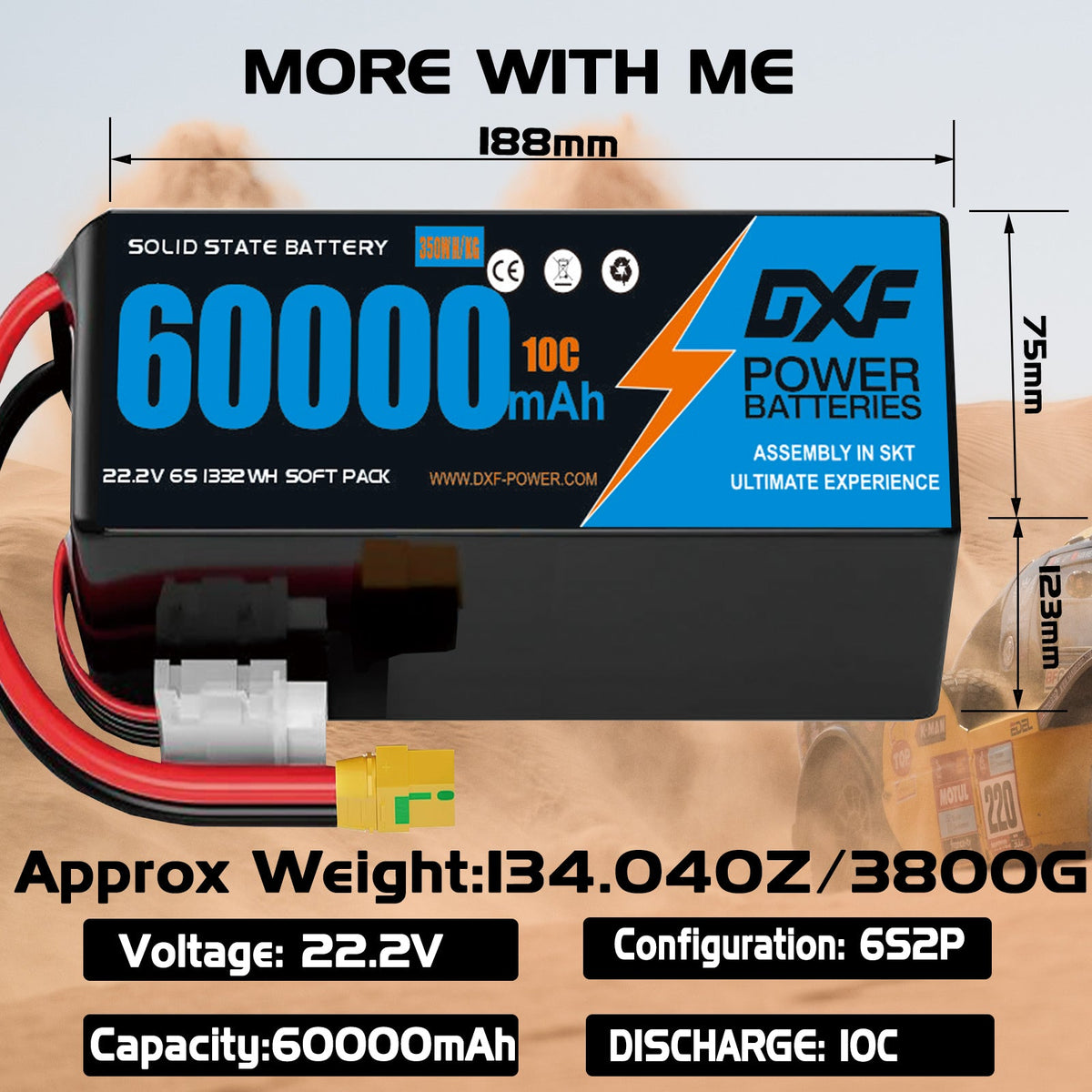 DXF 6S 22.2V 60000mAh 10C Soft Case LiPo Battery with 8AWG Wire for Toy Cars, Boats, UAVs & Drones (1-6 Pack)