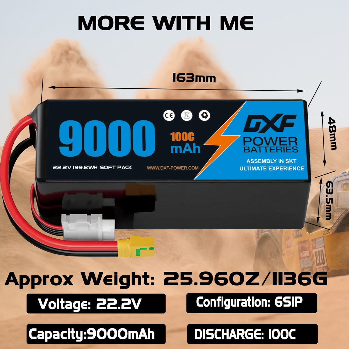 DXF 6S 22.2V 9000mAh 100C Soft Case LiPo Battery with 10AWG Wire for Toy Cars, Boats, UAVs & Drones (1-6 Pack)