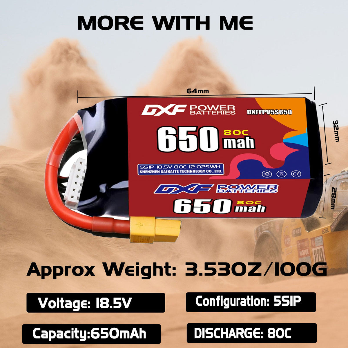 DXF LiPo Battery 6S 22.2V 650mAh 80C with PH2.0 / JST / XT30 / SM / XT60 / EC5 / XT90 for FPV Drone Whoop Micro Racing