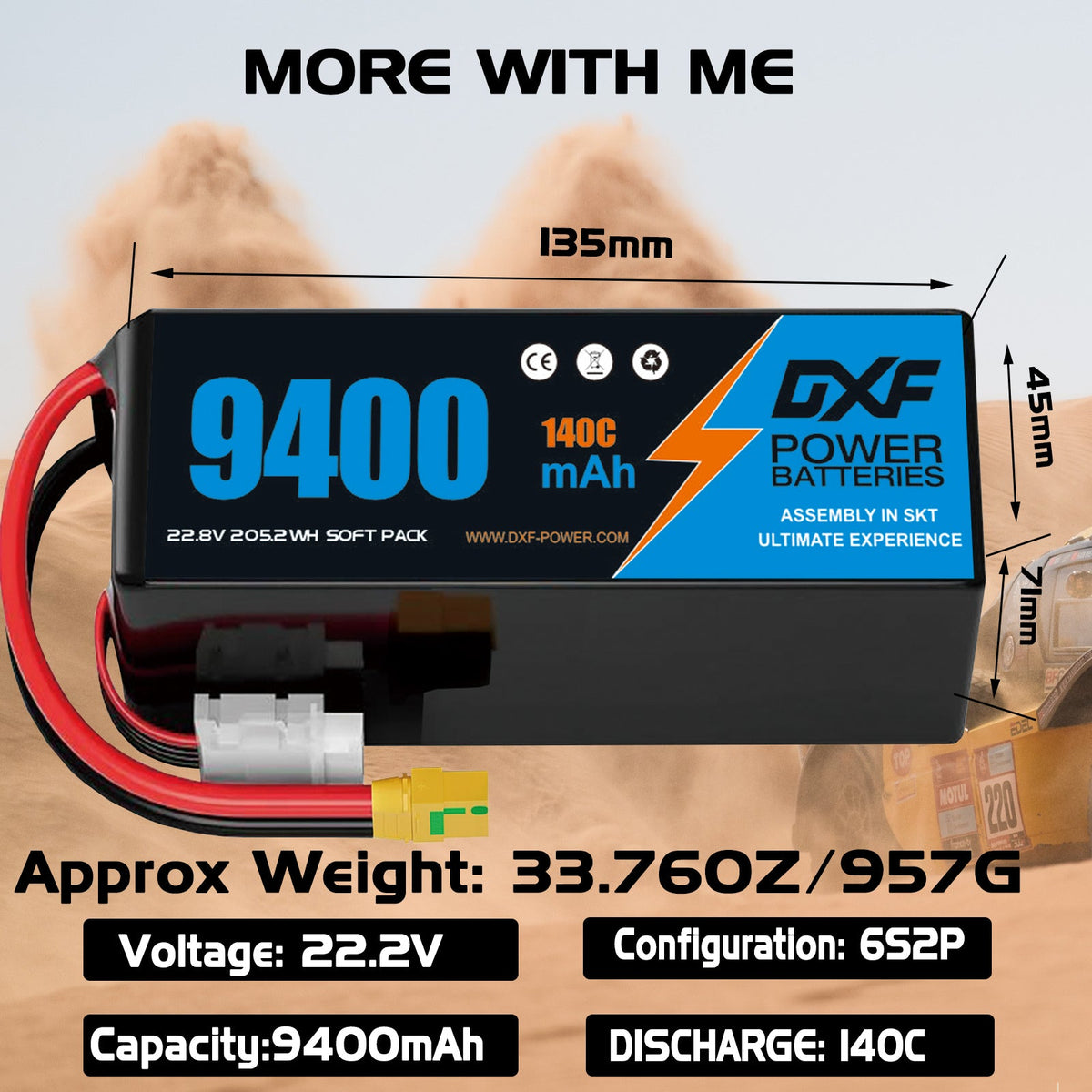 DXF 6S 22.8V 9400mAh 100C Soft Case LiPo Battery with 10AWG Wire for Toy Cars, Boats, UAVs & Drones (1-6 Pack)