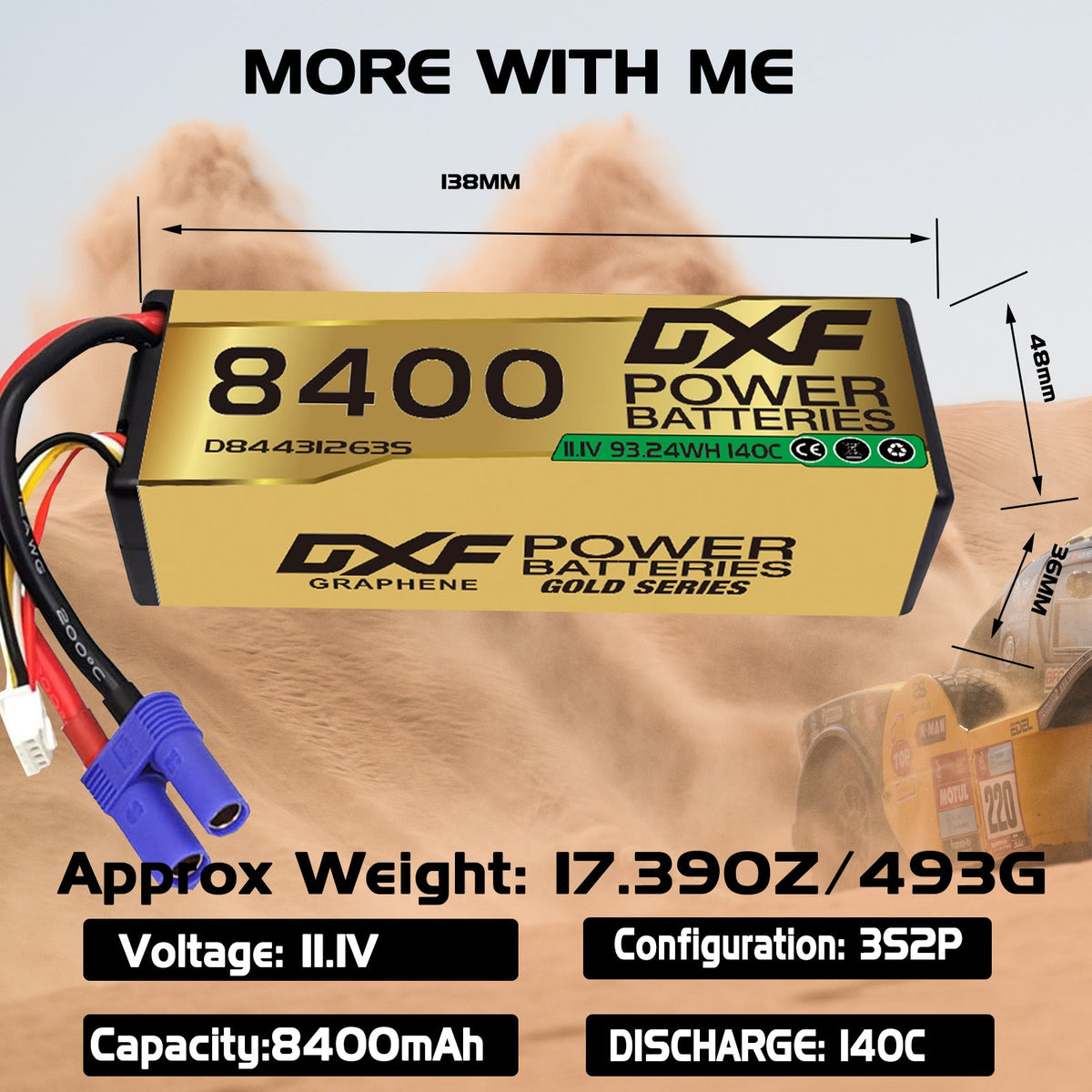 DXF LiPo Battery 3S 11.1V 8400mAh 140C Graphene Hardcase Gold with EC5 / T / TRX / XT60 / XT90 / XT150 / Q8s Plug for RC 1/8 1/10 Buggy Truck Car Off-Road Drone