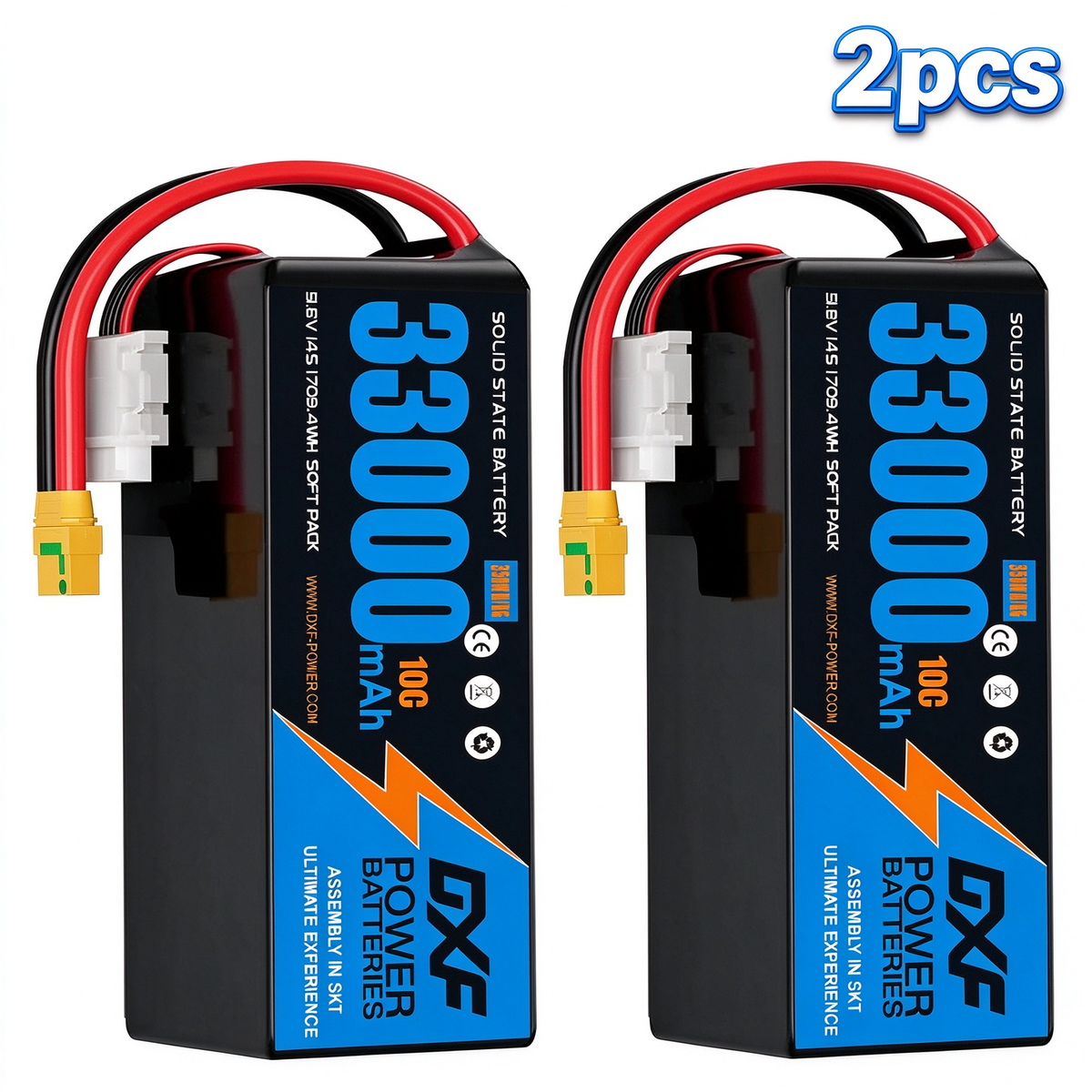 DXF SEMI-SOLID 14S 51.8V 33000mAh 10C Soft Case LiPo Battery with 8AWG Wire for Toy Cars, Boats, UAVs & Drones (1-6 Pack)