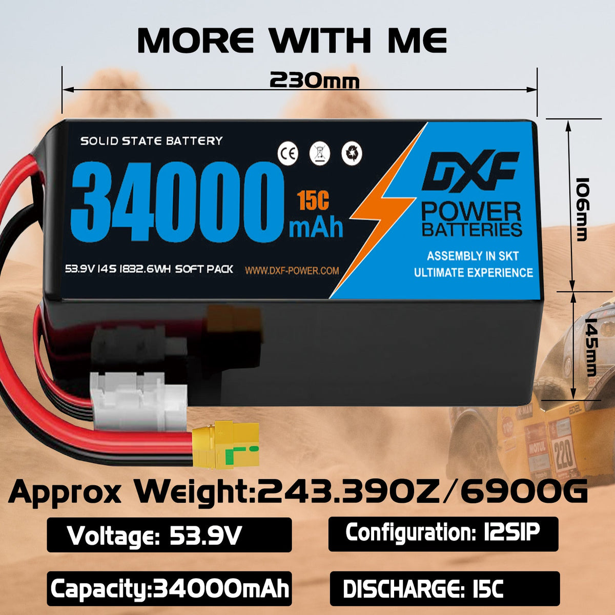 DXF SEMI-SOLID 14S 53.9V 34000mAh 15C Soft Case LiPo Battery with 8AWG Wire for Toy Cars, Boats, UAVs & Drones (1-6 Pack)