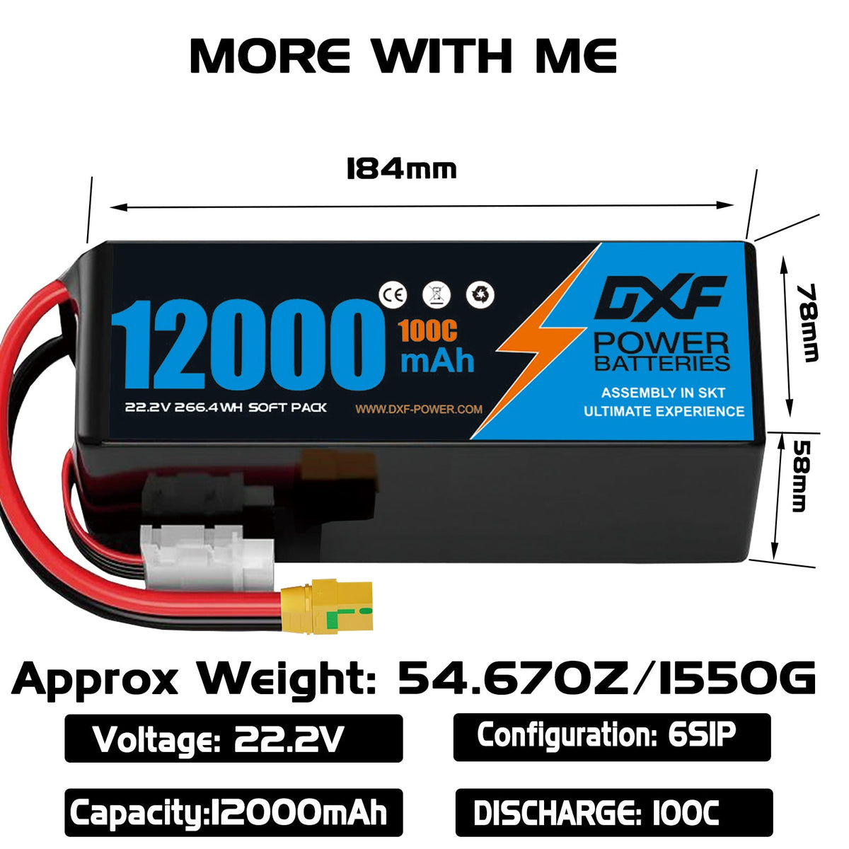 DXF LiPo Battery 6S 22.2V 12000mAh 100C Graphene Softcase Blue with EC5 / T / TRX / XT60 / XT90 / XT150 / Q8s Plug for RC 1/8 1/10 Buggy Truck Car Off-Road Drone