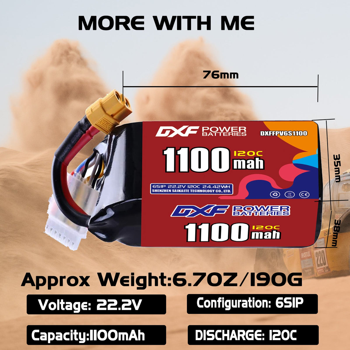 DXF 6S 22.2V 1100mAh 120C LiPo Battery for FPV Micro Drones (PH2.0 / JST / XT30 / SM / XT60 / EC5 / XT90 Options)