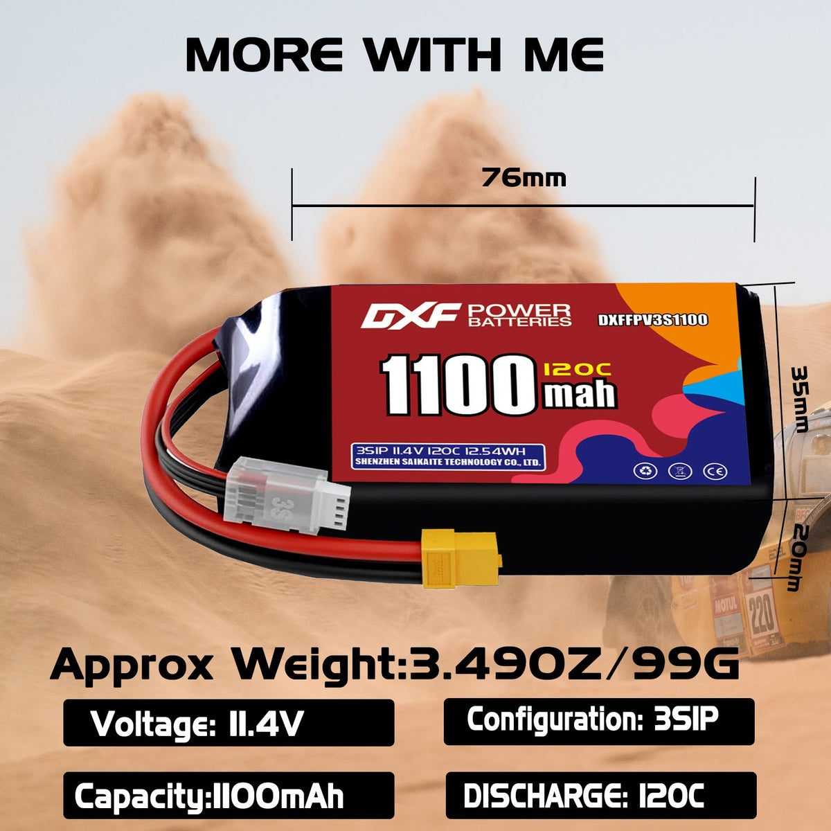 DXF 3S 11.4V 1100mAh 120C LiPo Battery for FPV Micro Drones (PH2.0 / JST / XT30 / SM / XT60 / EC5 / XT90 Options)