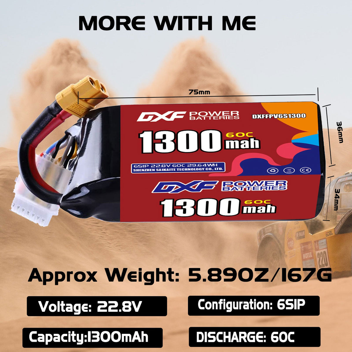 DXF LiPo Battery 6S HV 22.8V 1300mAh 60C with PH2.0 / JST / XT30 / SM / XT60 / EC5 / XT90 for FPV Drone Whoop Micro Racing