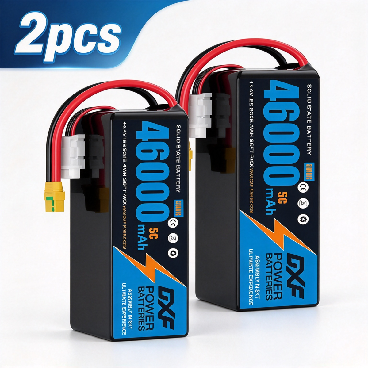 DXF SEMI-SOLID 12S 44.4V 46000mAh 5C Soft Case LiPo Battery with 8AWG Wire for Toy Cars, Boats, UAVs & Drones (1-6 Pack)