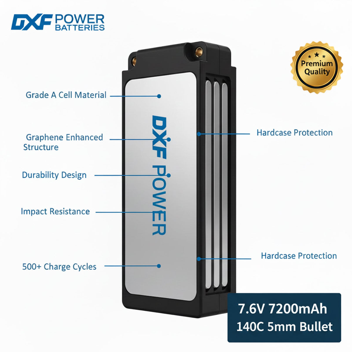 DXF 2S 7.6V LiPo Battery 140C 7200mAh LCG Hardcase with 5mm Bullet to Deans Plug for RC 1/8 1/10 Vehicles Car Truck Truggy Competition Racing (1-6 Pack)
